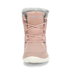 Vista frontal con cordones elásticos ajustables en botas minimalistas color rosa.