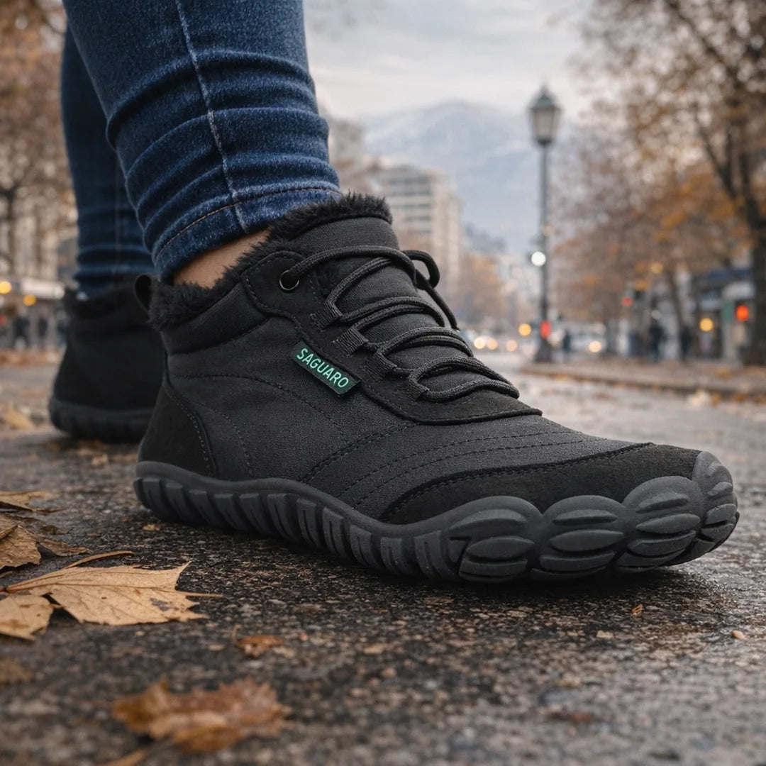 Mujer usando botines barefoot minimalistas en un entorno urbano con hojas de otoño.