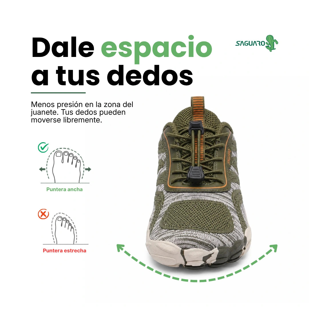Vista frontal de calzado barefoot mujer verde resaltando la amplia caja para los dedos.