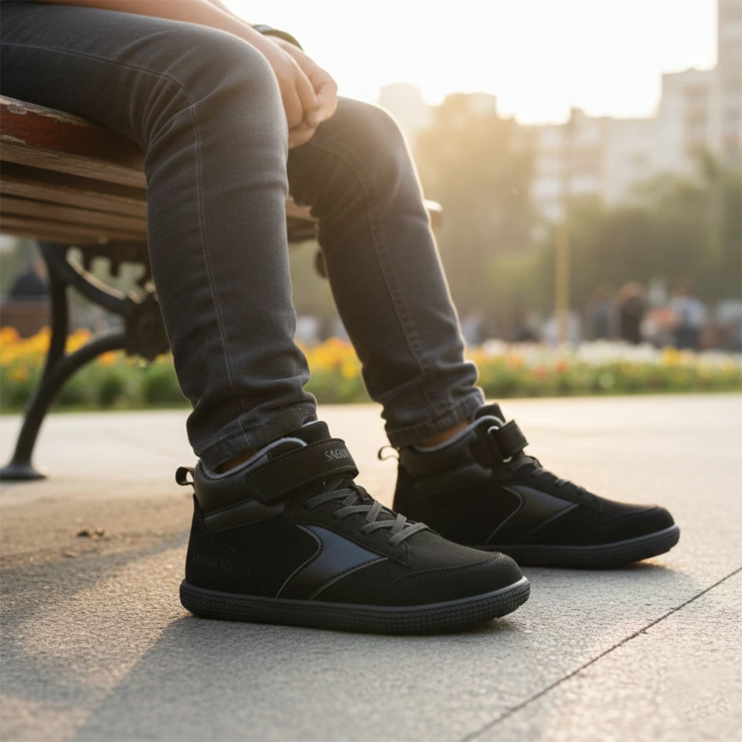 Niño sentado en un banco usando zapatillas barefoot negras en un parque.