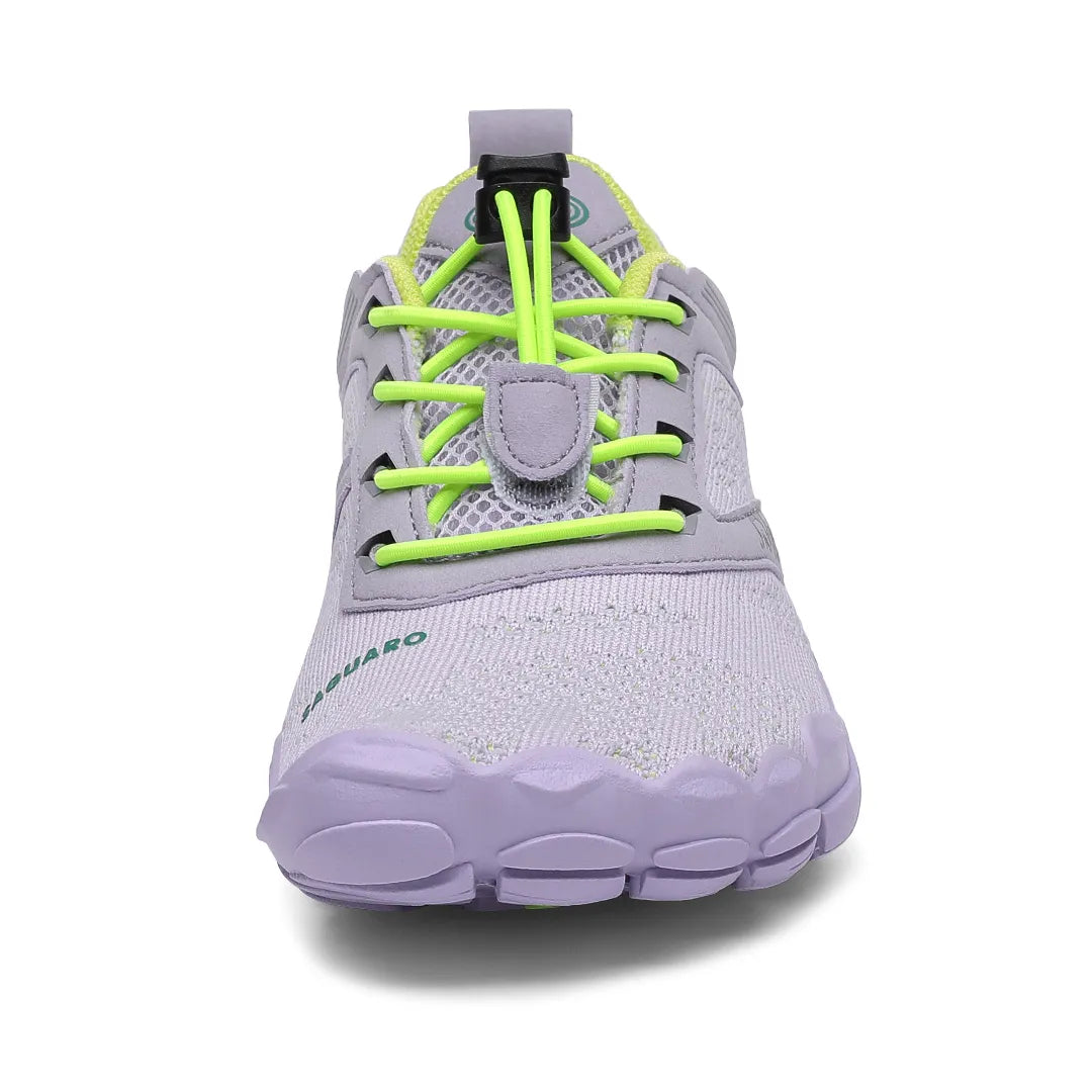 Frente de zapatilla barefoot niño Saguaro púrpura con protección en puntera.