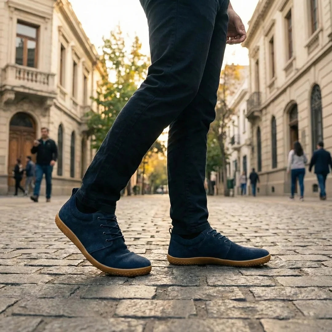Hombre usando Dream I azul mostrando comodidad en paso natural barefoot.
