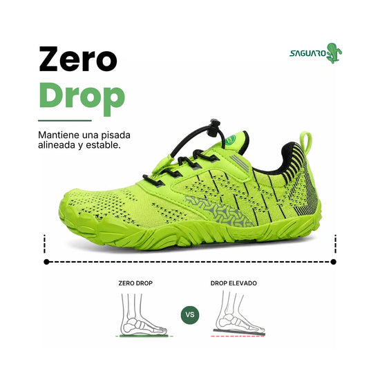 Saguaro Kids Free I verde fluor zero drop — zapatilla barefoot infantil verde fluor suela plana Chile