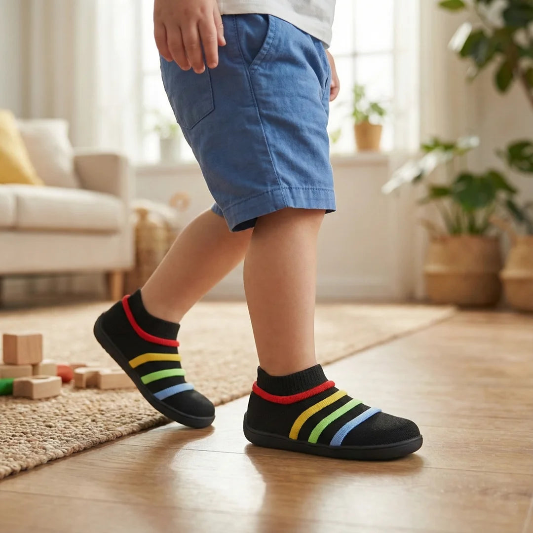 Niño usando zapatillas barefoot negras Saguaro.