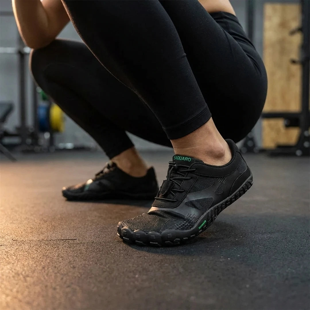 Persona usando Saguaro Vitality III negras mostrando comodidad barefoot en interior.
