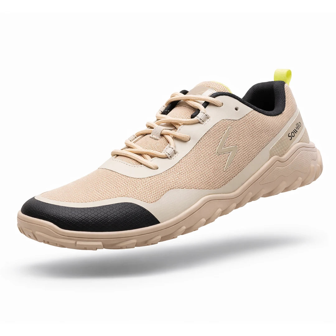 Zapatillas de trail barefoot beige Sowilo Algiz, modelo ligero y transpirable ideal para climas cálidos en Chile.
