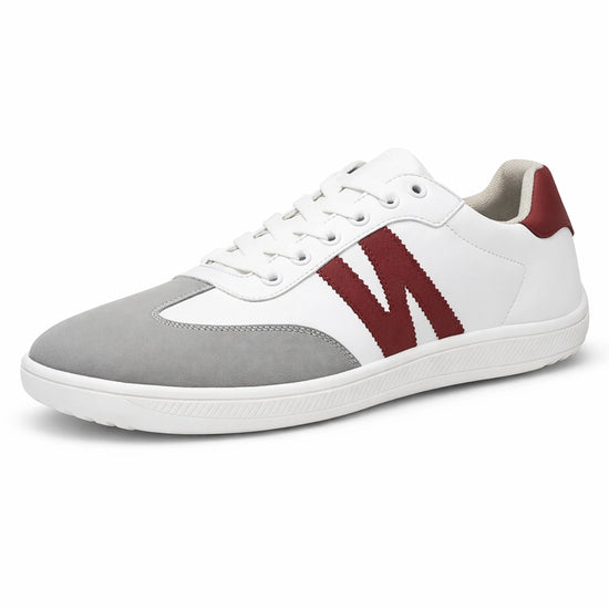 Zapatilla minimalista ZZfaber Niza I blanco con vinotinto vista diagonal.